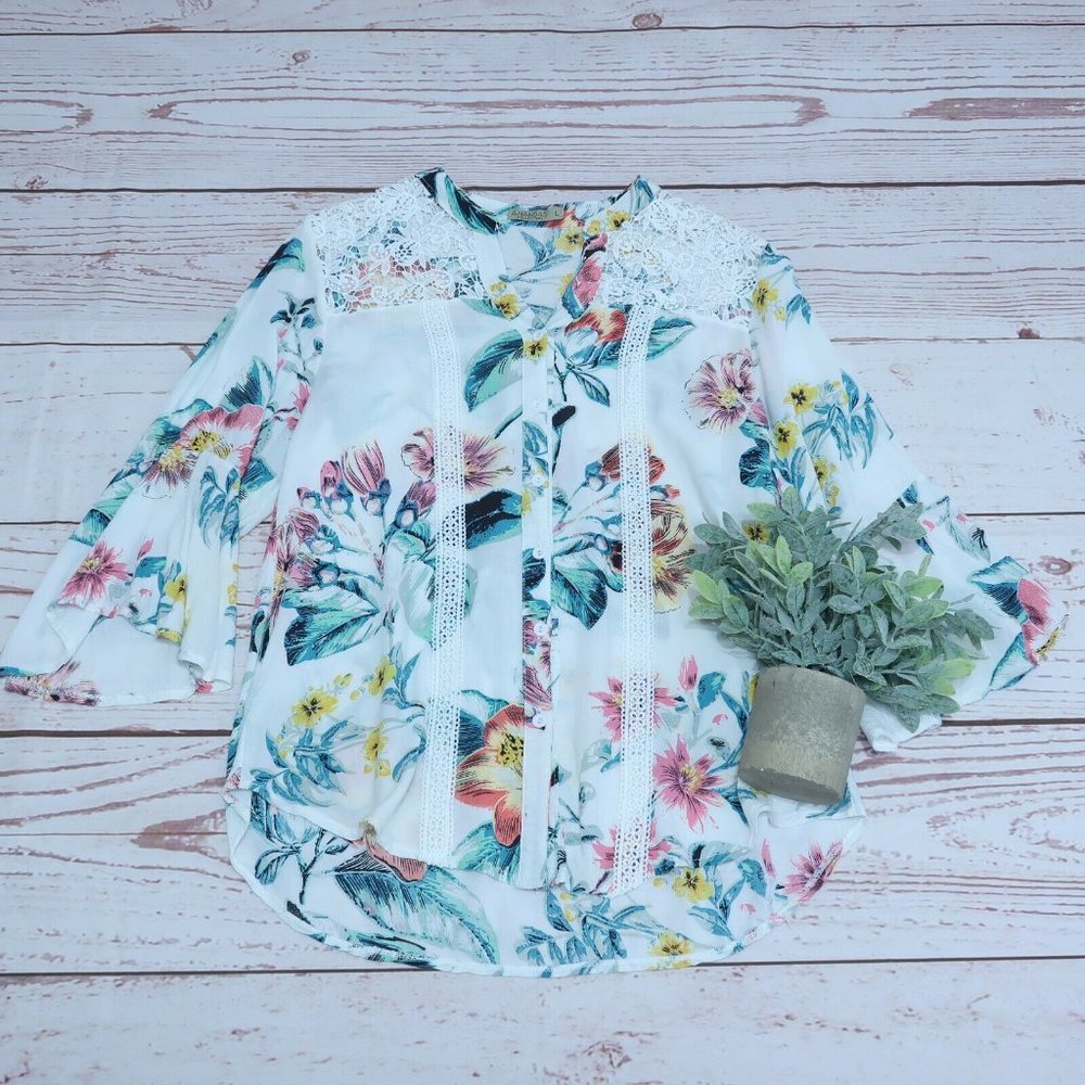 Anandas Collection White Lace Bell-Sleeve Floral Peasant Tunic Top Boho Size L